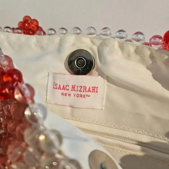 NEW ISAAC MIZRAHI PINK RED HEART GLASS BEAD TOTE PURSE GIRLY COQUETTE PREPPY BAG - Picture 3 of 5